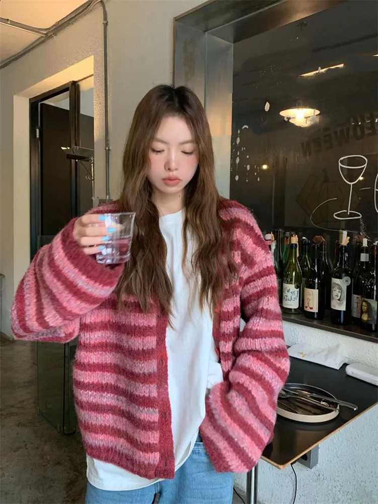 Korean style Women Red Streak Striped Cardigans Contrast Color V Neck Spring Autumn Cardigan Women Single Breasted Sweaters 240813