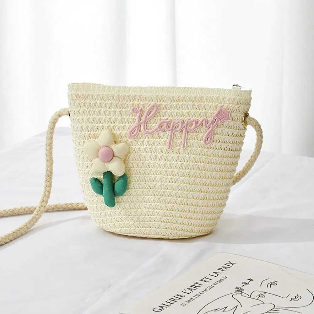 Cute childrens straw shoulder bag flower baby girl small bucket cross bag childrens mini coin wallet beach handbag W240813