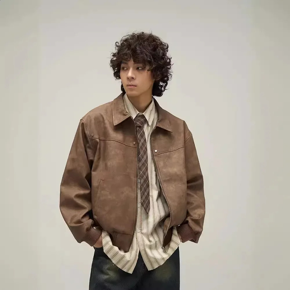 Spring Autumn Style American Vintage Distressed Brown Leather Jacket For Men High End Feel Clean Fit Jacket o240814