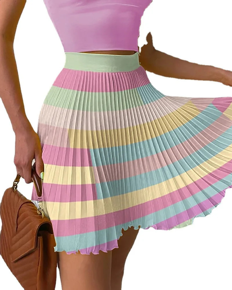 Set Woman 2 Pieces Summer Printed Slim High Waist Short Skirt Set Camisole and Pleated Skirt Setof Holiday Party Women Skirt 240810