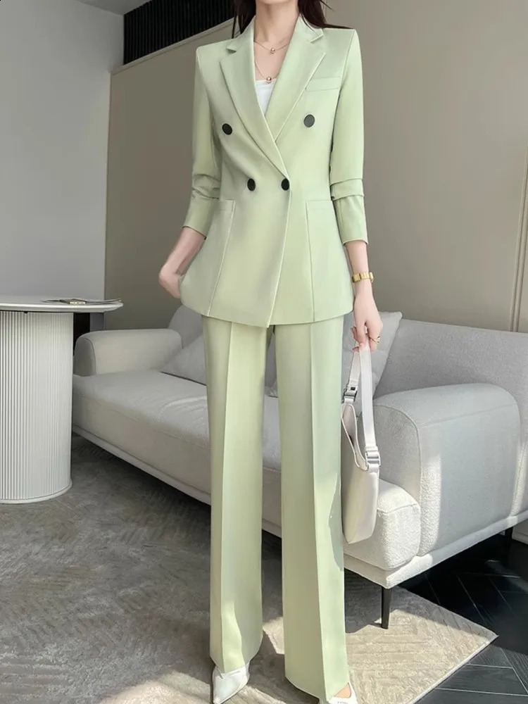 Women Fashion Elegant Chic Blazer Pantsuit Vintage Casual Solid Jackets Straight Pants Two Pieces Set Female Formal Outfits 240813