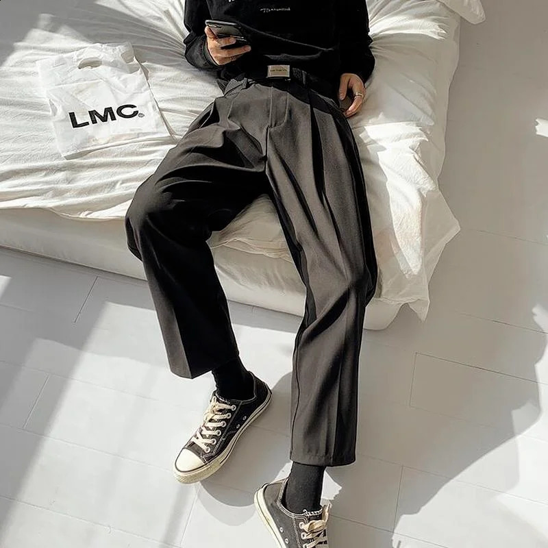 Black Ankle-length Casual Pants Mens Clothing Solid All-match Fashion Harajuku Streetwear Loose Chic Straight Mid-waist Daily 240814