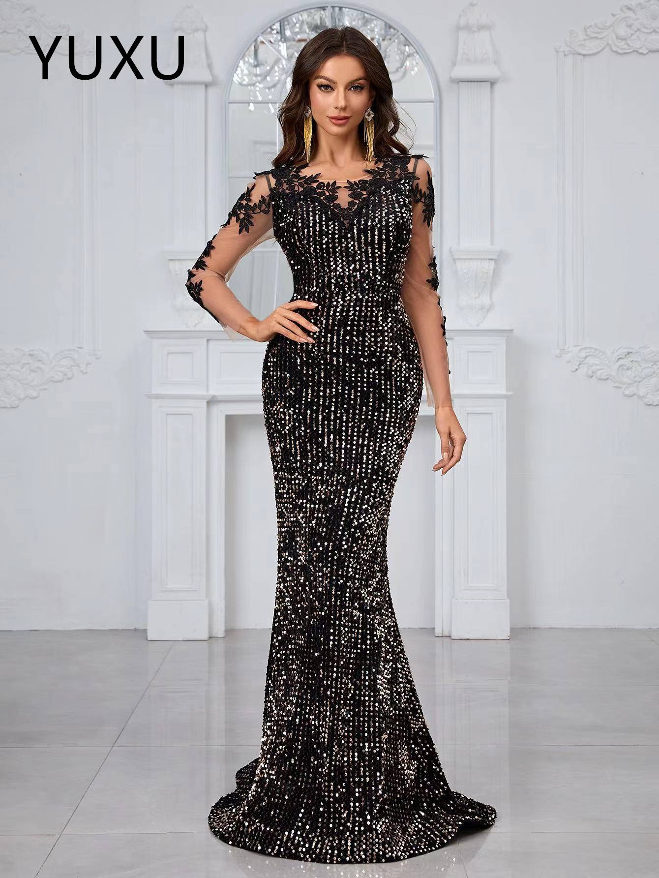 black Sequined Mermaid Long sleeves Prom Dresses lace Neck Hollow Out Lace Appliqued Backless Formal Evening Gowns Long Court Train Formal Occasion Pa