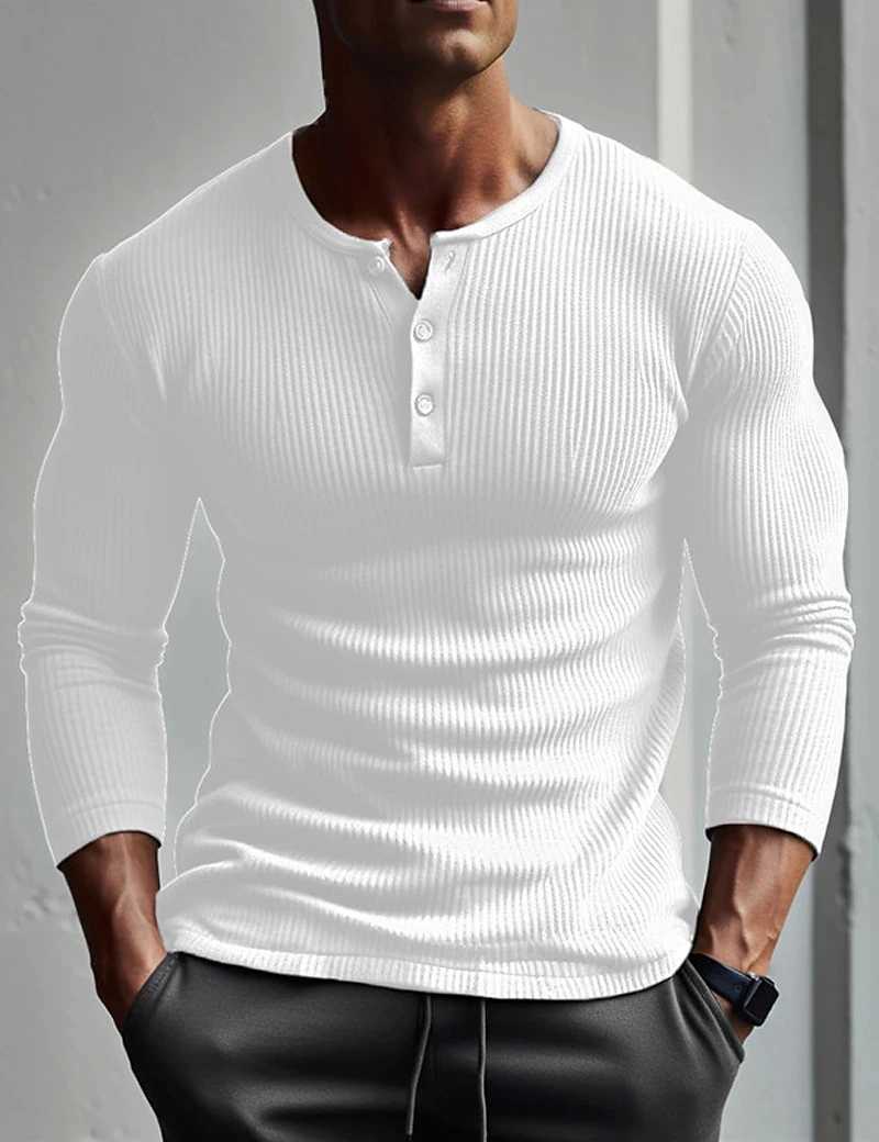 2024 New Long Sleeve polyester T-shirt Mens Breathable Thin Fabric Casual T-shirt Spring autum Henry-Neck Basic Tee Tops ManM240814