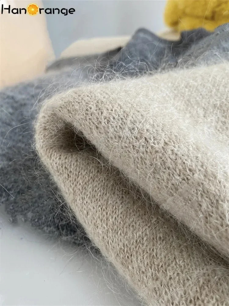 HanOrange 2024 Autumn Winter Simple Soft Mohair V-neck Sweater Women Knitted Vest GreyOat 240813