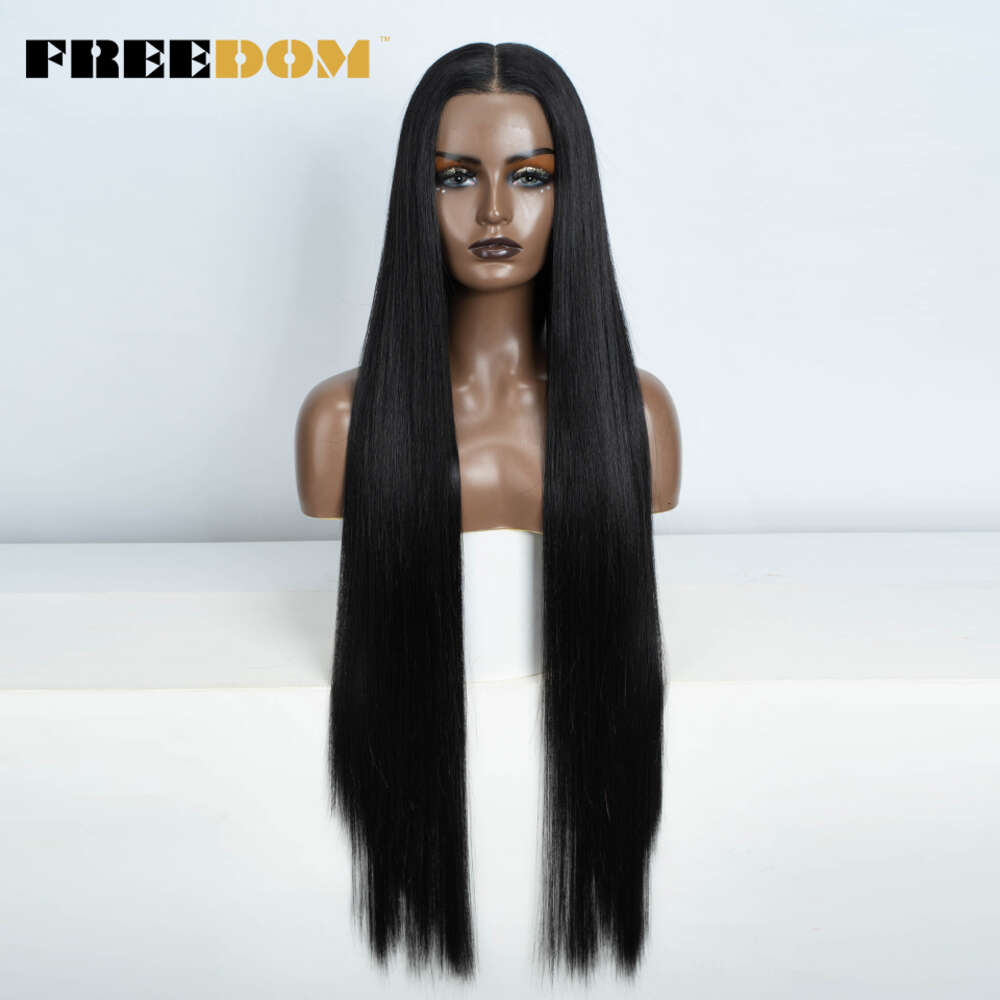 FREEDOM Straight Synthetic Front For Women 38 Inch Long Ombre Brown Red Blonde Hightlight Lace Frontal Wigs Cosplay Wig