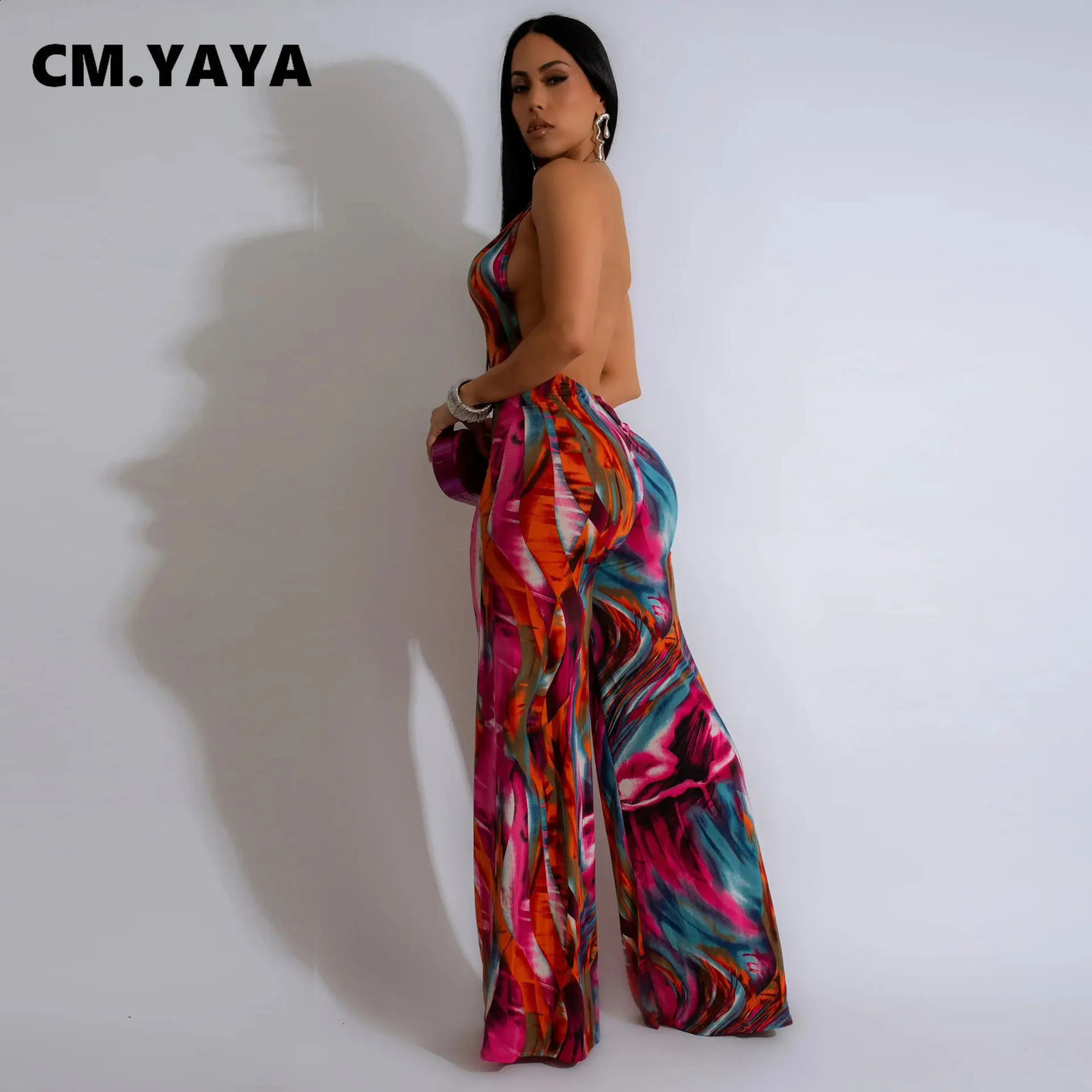 CM.YAYA Women Tie Dye Print Wide Leg Straight V-Neck Sleeveless Jumpsuits 2024 Summer Night Club Playsuit One Piece Suit Romper 240813