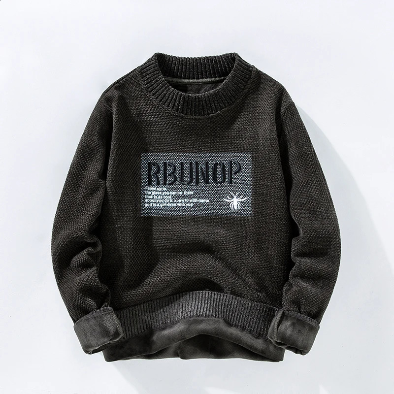 Mens Round Neck Solid Color Thick Sweater Autumn and Winter Fashion Handsome Printed Letter Long Sleeved Loose Knitted Tops 240821
