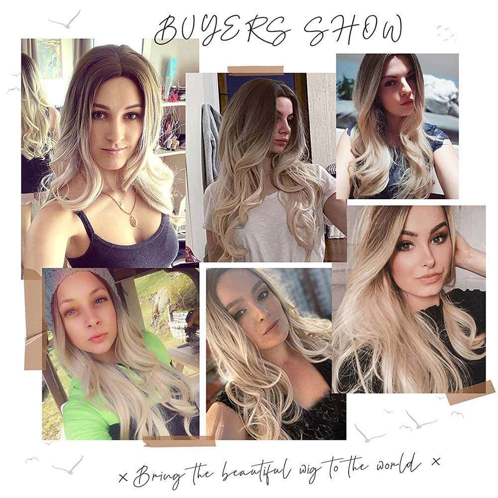 EASIHAIR Ombre Brown Light Blonde Platinum Long Wavy Middle Part Hair Cosplay Natural Heat Resistant Synthetic Wig For Women