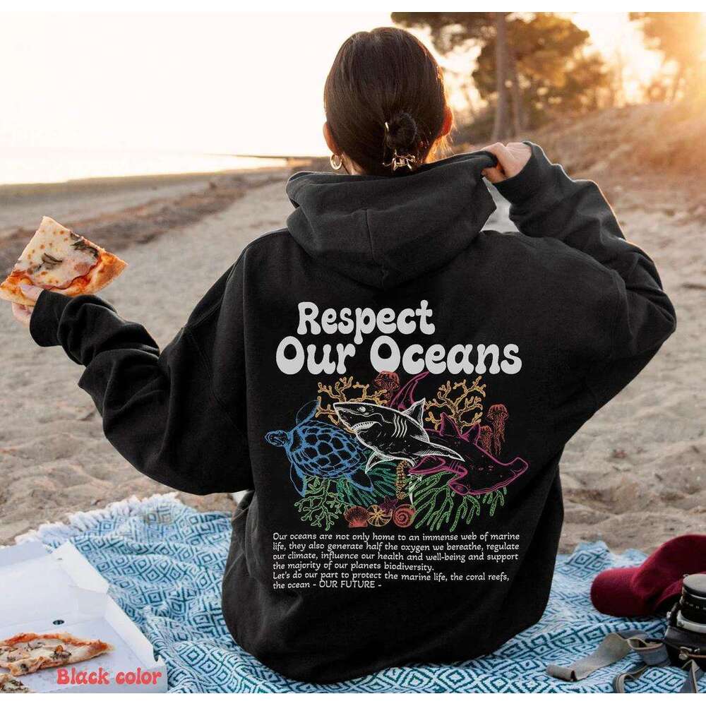 Respect Our Oceans Manga Hoodie Women Unisex Oversized Long Sleeves Sweatshirts Shark Save The Ocean Cartoon Print Streetwear