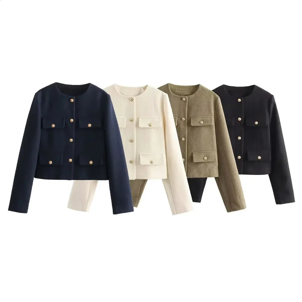 2024 autumn Product Womens Fashion and Casual Versatile Flip Pocket Decoration Short Round Neck Suit Coat 240813