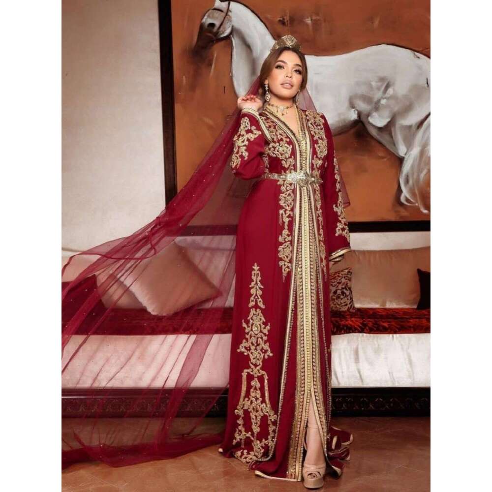 Caftan Beaded Appliques Evening Dresses No Veil Vintage Long Sleeve Prom Party Dress Muslim Moroccan A E Gown Robes Lz0304
