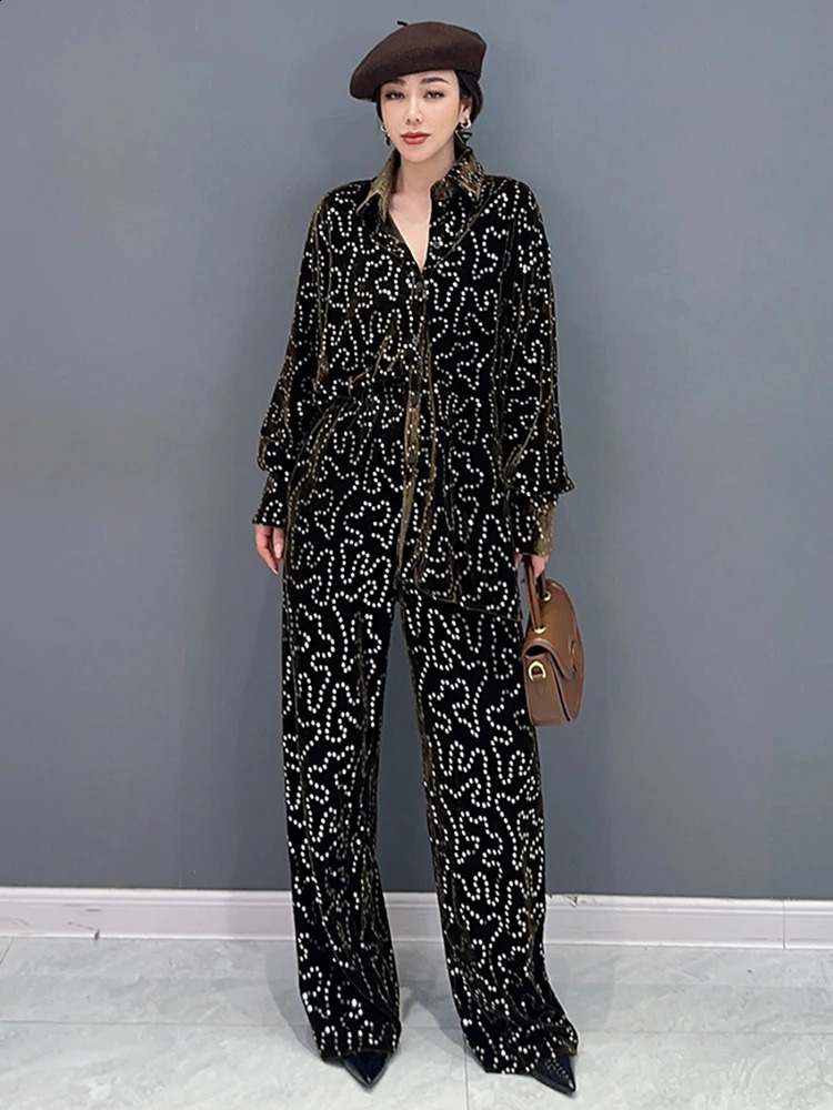 SHENGPALAE Fashion Women Two Pieces Sets Sequins Spliced Lapel Temperament Tops Versatile Wide Leg Pants Autumn 2024 5R7047 240813