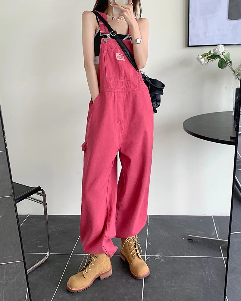 SM jeans womens Summer Preppy Style loose Pink wide leg trousers jumpsuit korean casual denim overalls womens 78891 240813