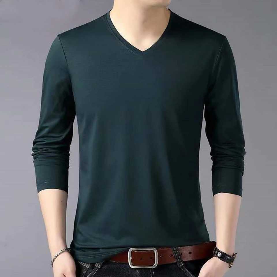 Pullover Men T-shirt Solid Color Spring Summer Tee V-Neck Basic Casual Fashion Long Sleeve Male Polyester S-5XLM240814