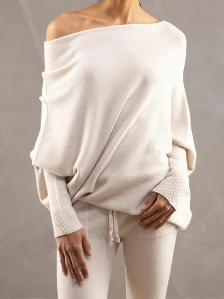 Autumn And Winter Womens Ribbed Knit Jumper Set Head Casual Bat Sleeve Round Neck Simple Versatile Knitwear Jumper 240814