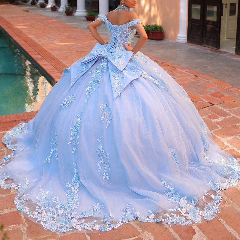 Sky Blue Shiny Princess Ball Gown Elegant Quinceanera Dress Classic Sequined Applique Lace Beads Bow Sweet 16 Dress Vestido De