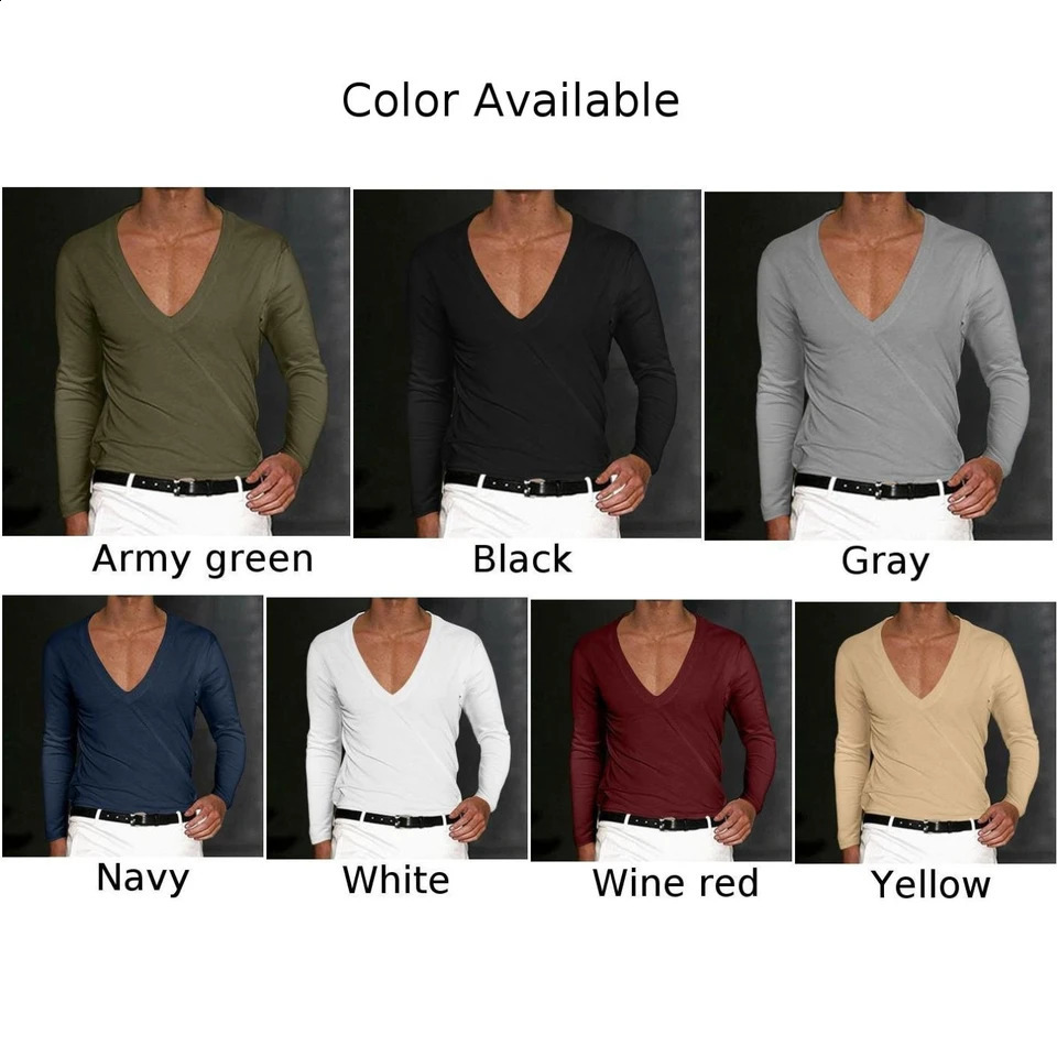 Mens T-Shirt Summer Shirts Low Cut Deep V Neck Comfortable Shirt Tops Mens Long Sleeve Casual Pullover Sexy Slim Fit Tees 240814
