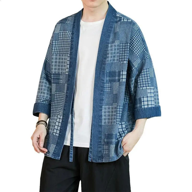 Mens plus size Japanese cardigan shirt with blue print plain half sleeved samurai kimono Yukata loose casual beach Haori robe 4XL 5XL 240814
