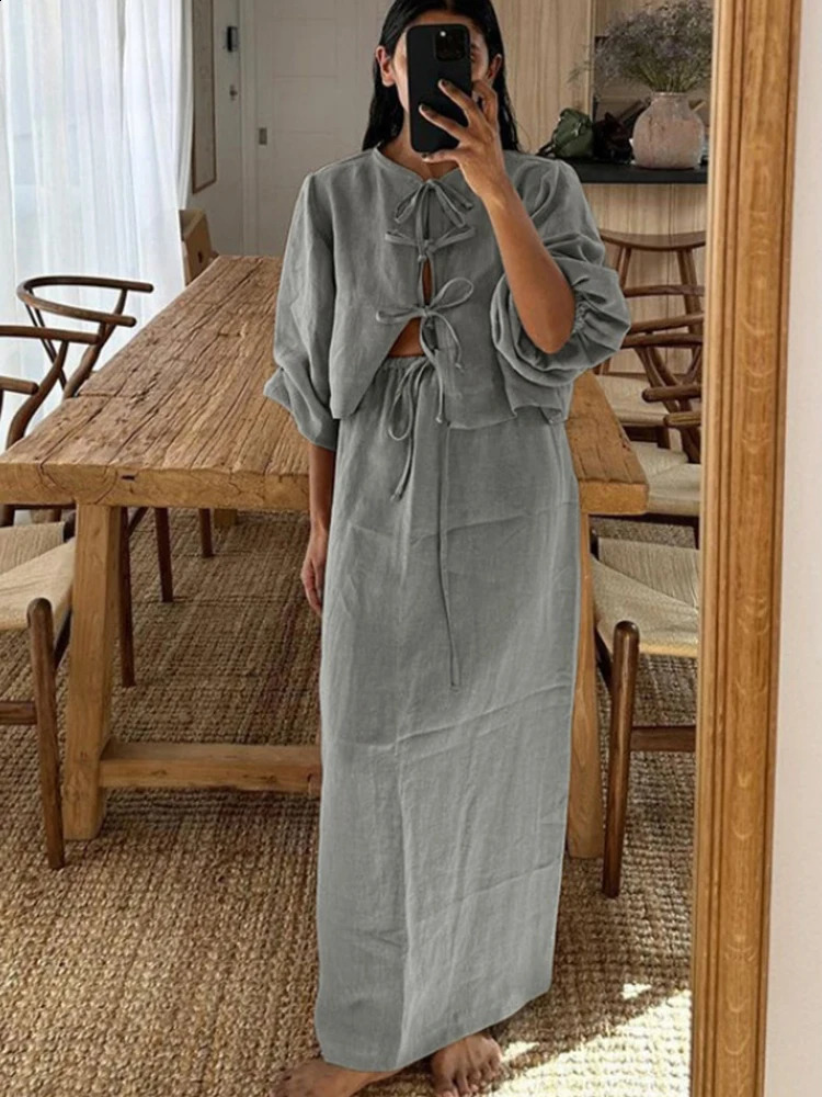 Elegant summer womens linen bow long dress lace solid fluffy sleeveless twopiece set beach holiday shoulder strap 240809