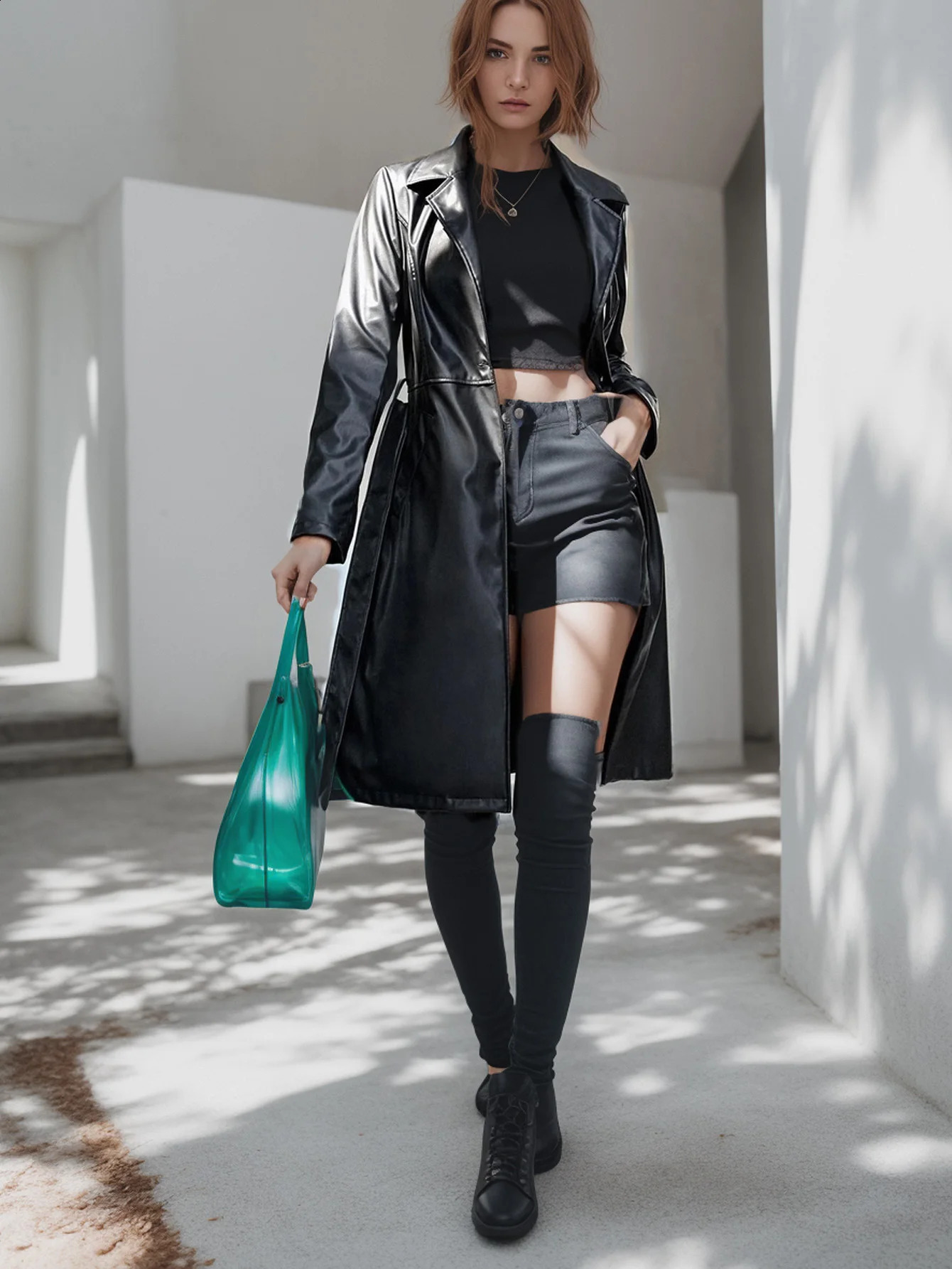 Vangull Solid Mid Length PU Leather Jacket Casual Lapel Long Sleeve Outerwear Womens Clothing 240813