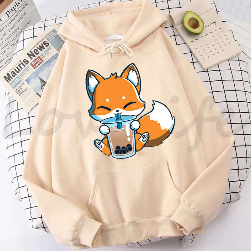 Milk Boba Tea Print Women Hoodies Korean Style Clothes Kawaii Plus Size Sweatshirt Cute Cartoon Fox Graphic Female Streetwear