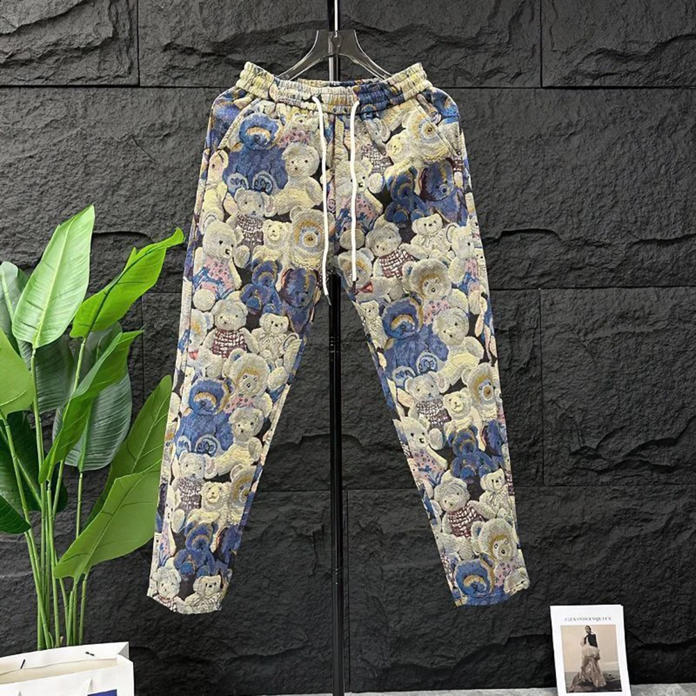 Y2k Bear Embroidery Two Piece Set Spring and Autumn Street Casual Long Sleeve Jacket Loose Long Leg Mens Trouser Set240813