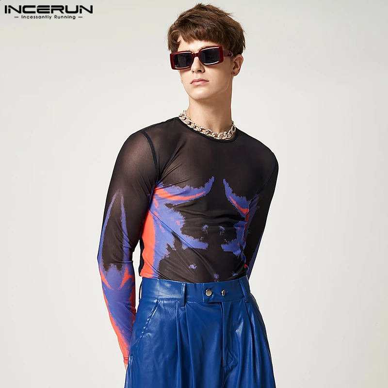 INCERUN Fashion Men T Shirt Printing O-neck Long Sleeve Mesh Transparent Streetwear Casual Camisetas Sexy Men Undershirt 240814