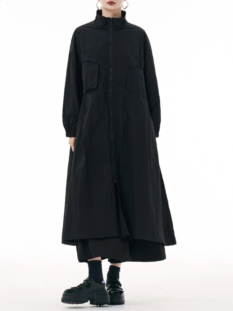 EAM Women Army Green Big Size Long Trench Stand Collar Long Sleeve Windbreaker Fashion Spring Autumn 2024 1DH0511 240813