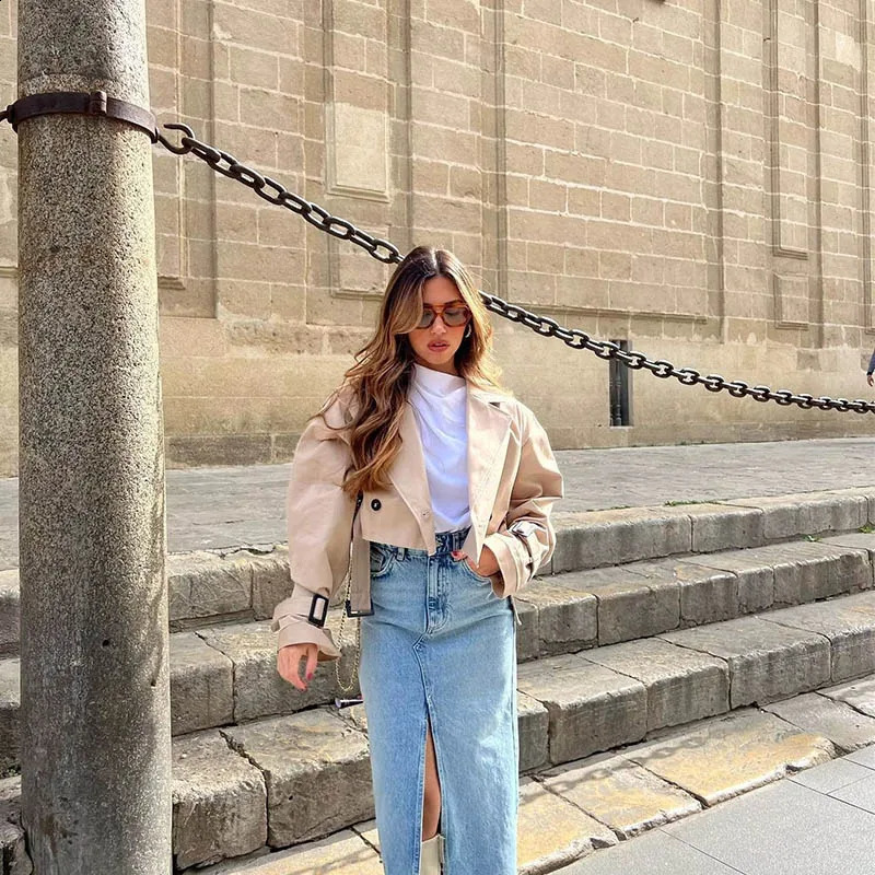 Women Jacket Autumn Fashion Casual Streetwear Button Loose Long Sleeve Tops Female Cropped Trench Coat Outwear 240813