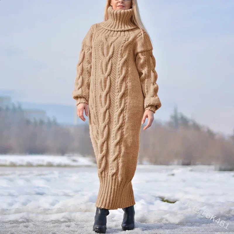 2024 Autumn Winter Solid Color Turtleneck Pullover Twisted Loose Knitted Sweater Long Dress Sweater for Women 240813