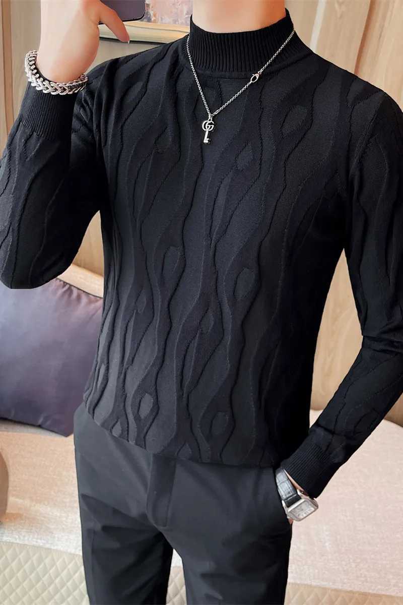 2023 autumn and winter jacquard mens sweater long sleeved slim fit half turtle neck sweater fashionable casual business knit zipperW240729