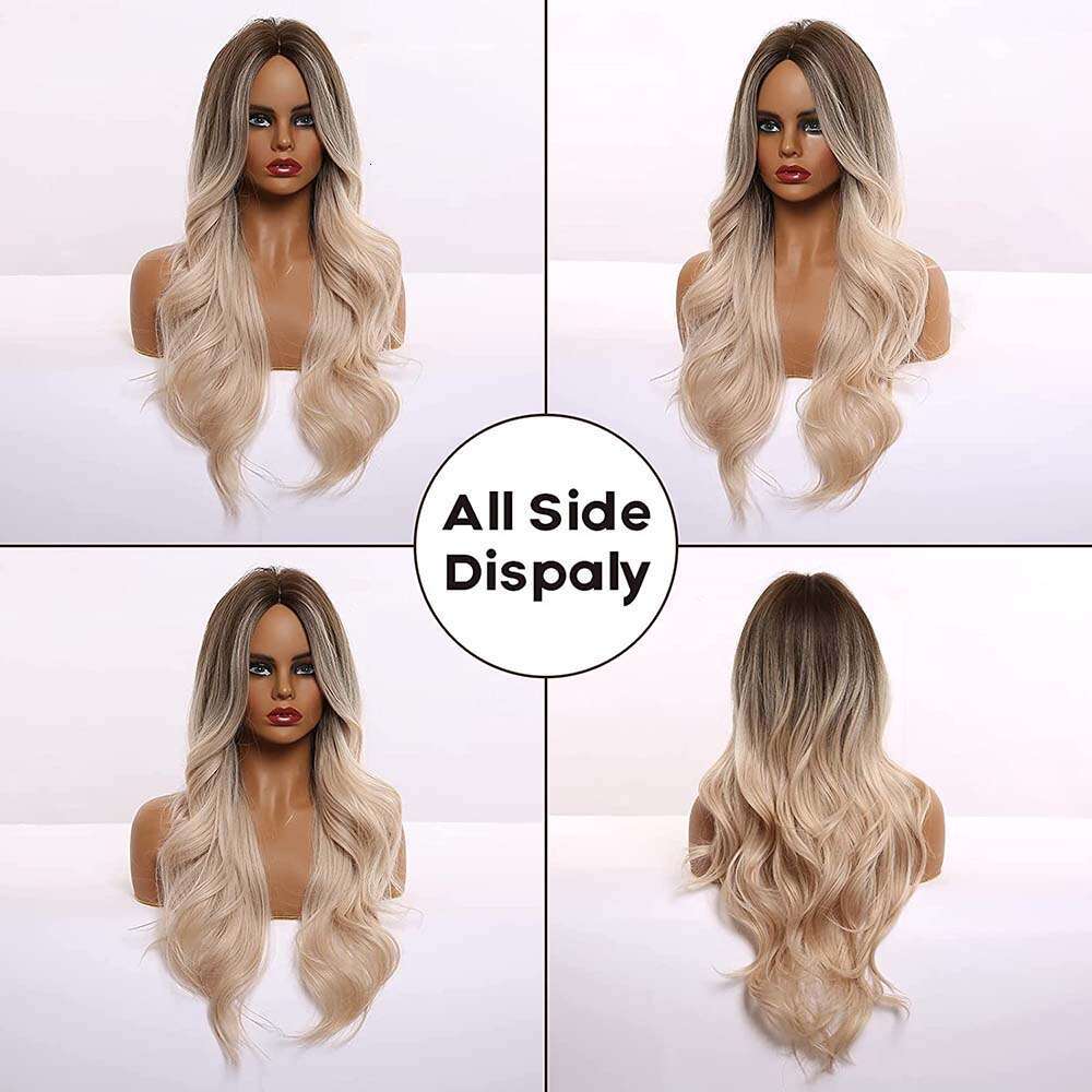 EASIHAIR Ombre Brown Light Blonde Platinum Long Wavy Middle Part Hair Cosplay Natural Heat Resistant Synthetic Wig For Women