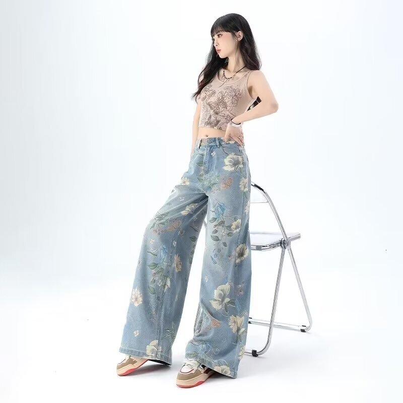American printed wide women's designer jeans, 2024 summer new high waisted slim fit loose straight leg pants