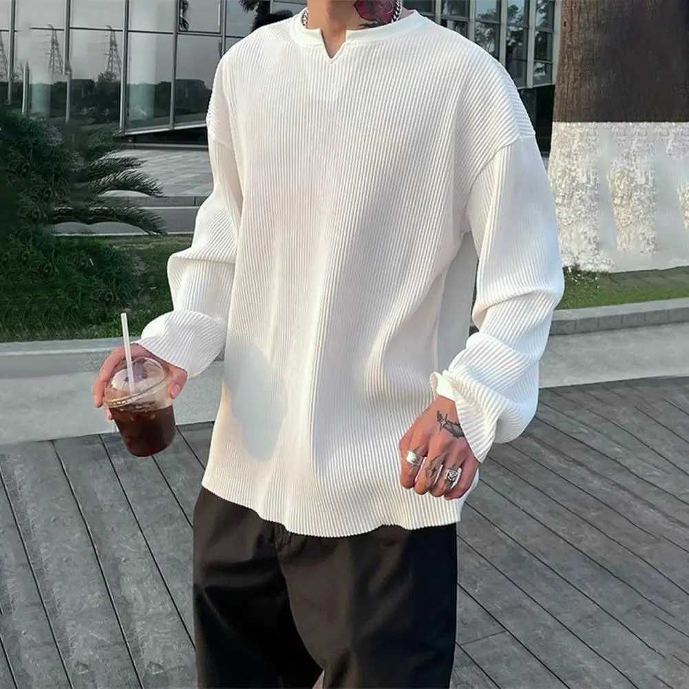 Men Long Sleeve Tops Versatile Mens Streetwear Ribbed Stripes V-neck T-shirt Loose Fit Long Sleeve Pullover Tops for SpringM240814