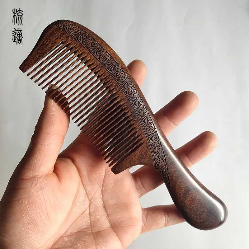 Natural sandalwood comb solid wood carving comb anti-static beard comb handle hair styling wide teeth narrow teeth gift W240813
