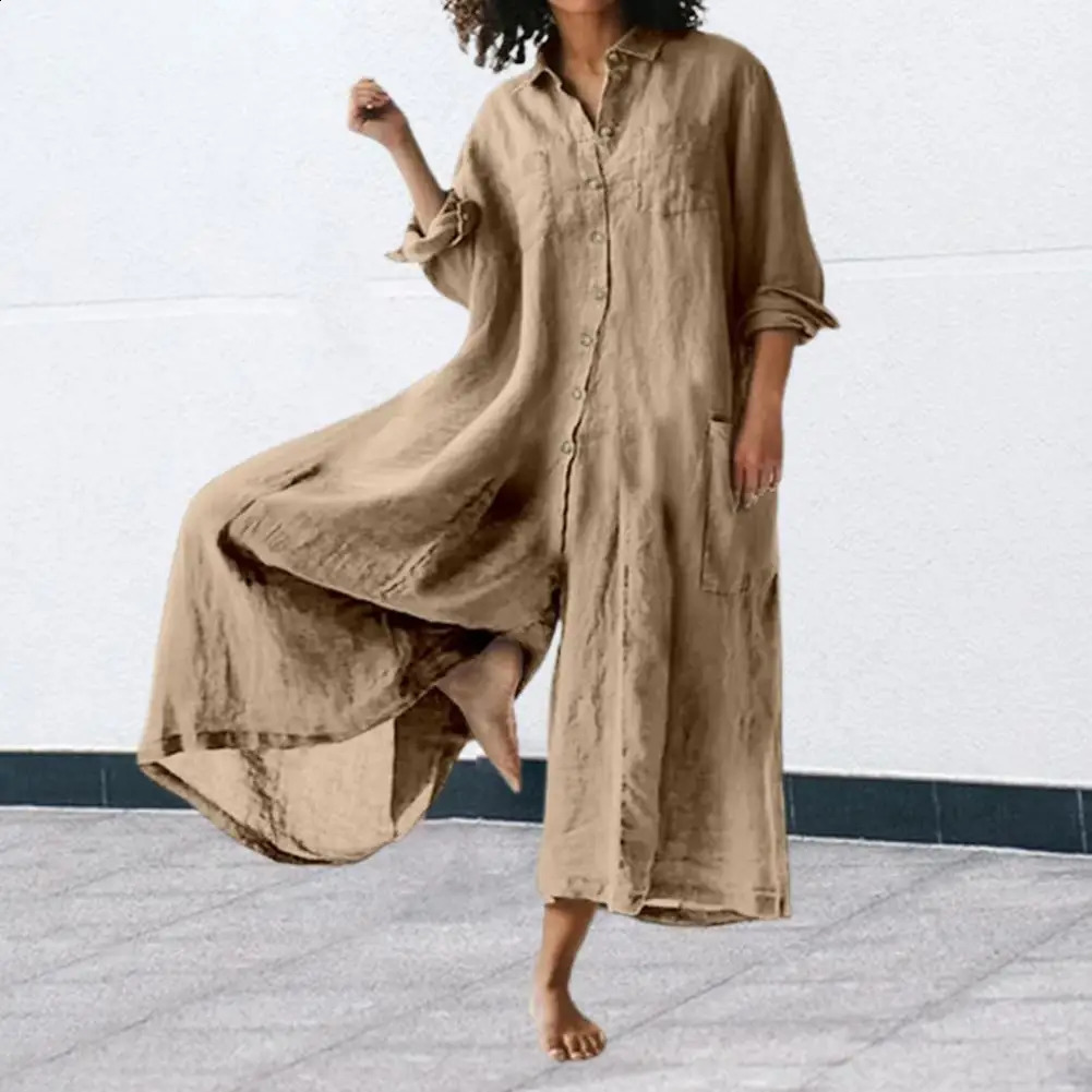 Women Jumpsuit Spring Summer Turndown Collar Loose Cotton Linen Breathable Casual Wide Legs Pants Long Romper Daily Wear 240813