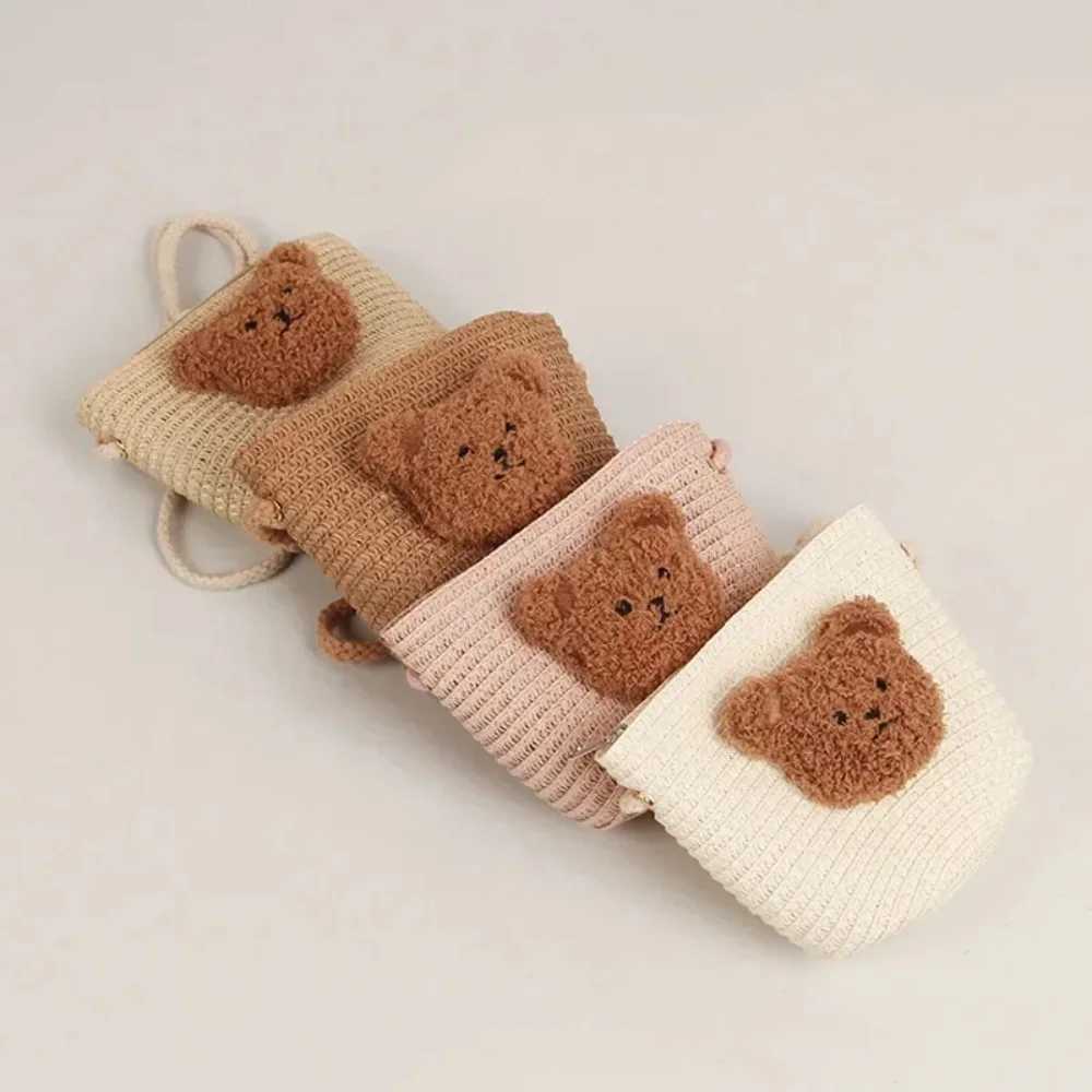 Cute childrens shoulder bag summer grass woven handmade bag mini girl coin wallet cartoon bear toddler cross bag W240906
