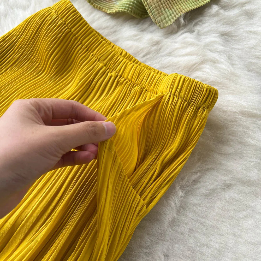 Runway Pleated Two Piece Set Summer Fashion Turtleneck Vintage Print Stretchy Casual Top and Pencil Pants Suit Women Clothes 240813