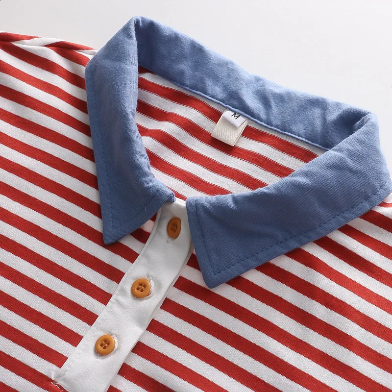 Casual loose womens loose T-shirt spring item womens polo shirt red striped T-shirt lapel cotton top long sleeved shirt 240827