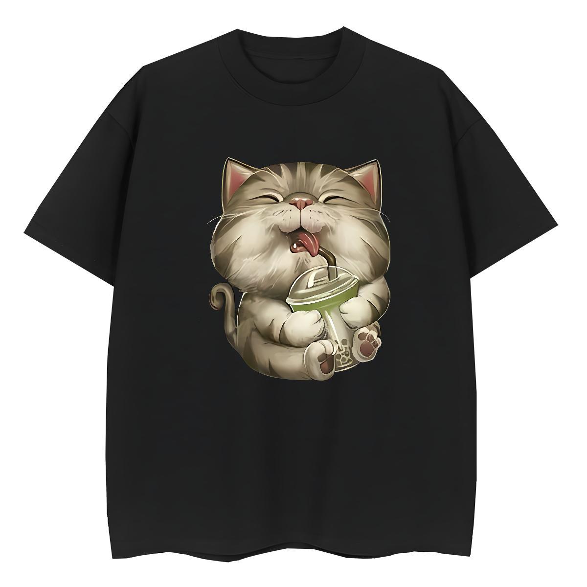 Soft Mens T Shirts cat Crew Neck Breathable Home Outdoor Black Oversized 230g Pure Cotton Tshirts Fashion Design Tees Shirts