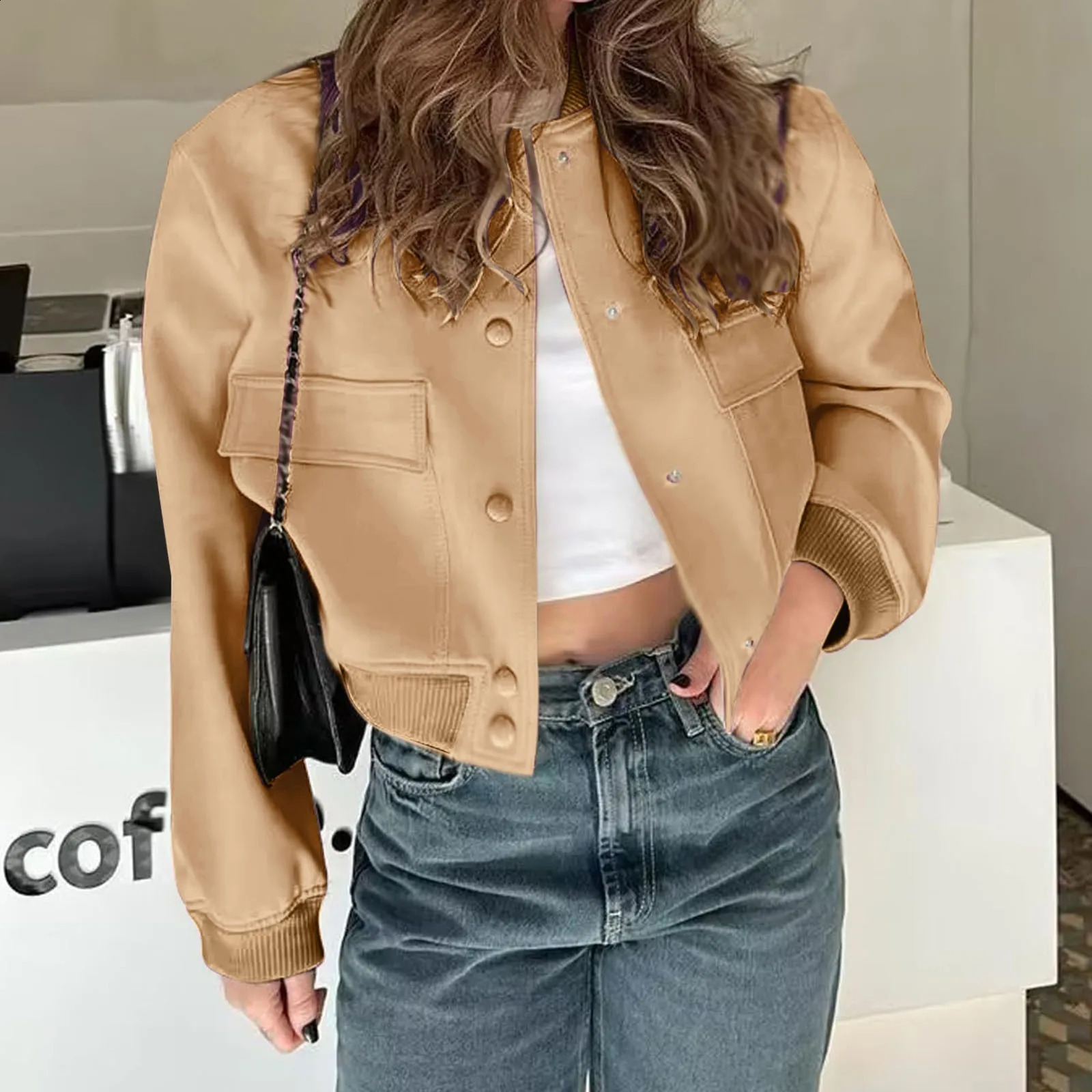 Womens leather jacket vest winter cut jacket button jacket pocket jacket retro Harajuku fashion 240827