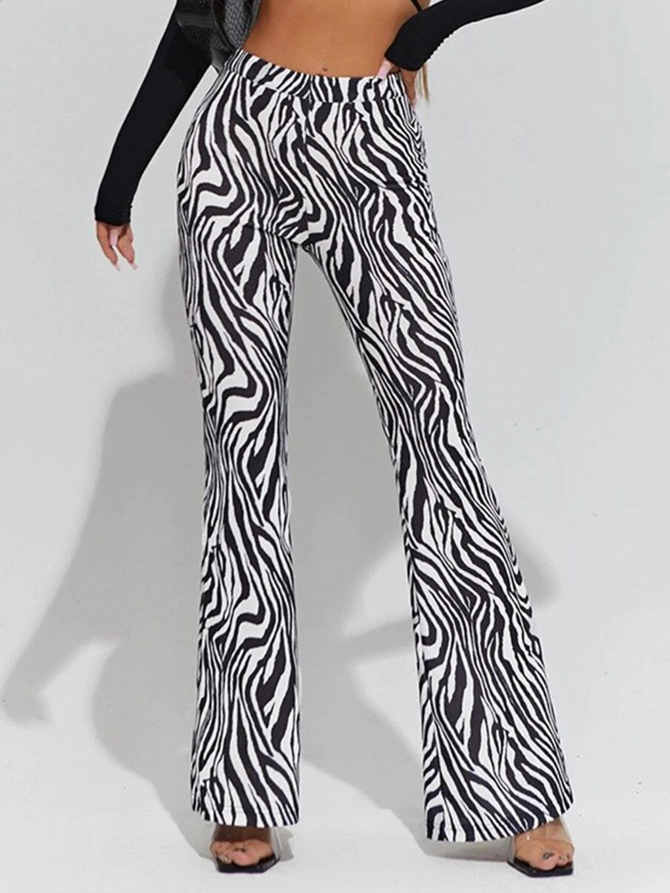 High-waisted Slim-fit Animal Pattern Digital Print Flared Pants For Women European And American Personality Stretch Pants 240813