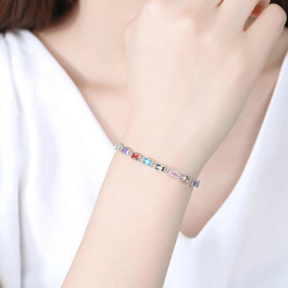KALETINE 925 Sterling Silver Tennis Bracelets for Women Square Rainbow Stone CZ Charm Bracelet Adjustable Men Jewelry Bohemian 240813