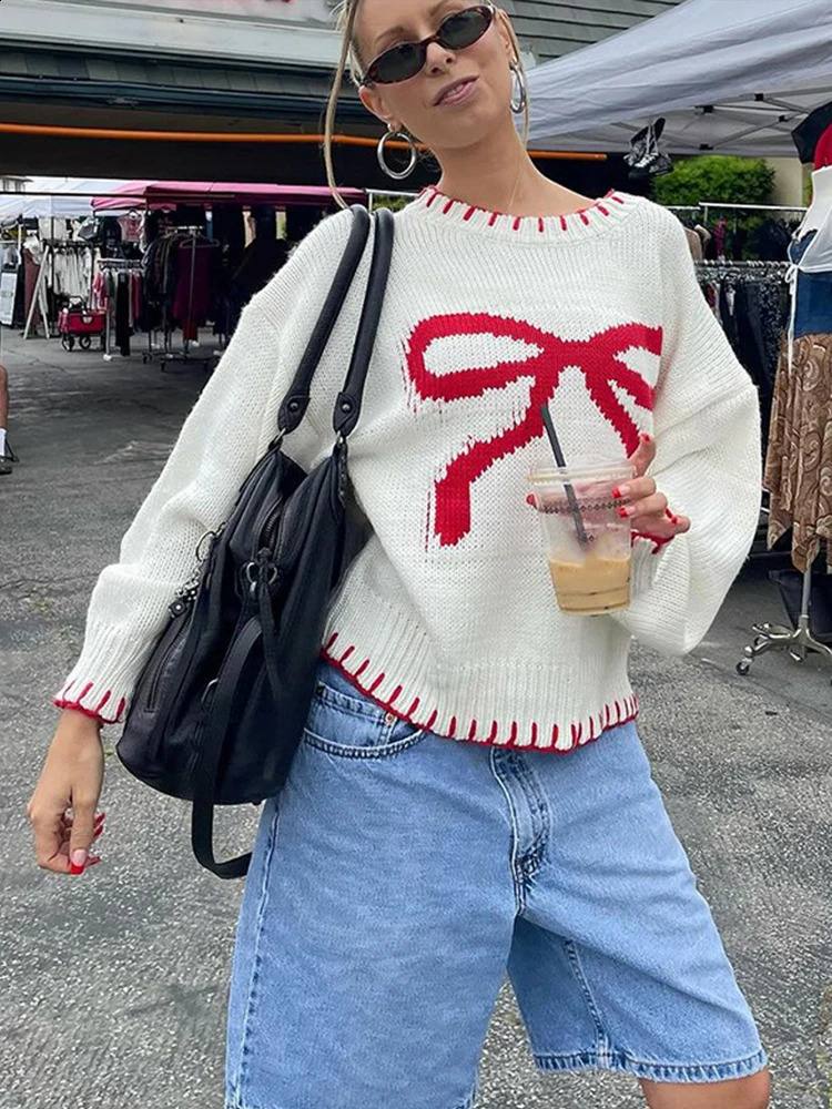 Autumn Bowknot Printed Knitted Women Sweater Casual O Neck Long Sleeve Contrast Color Female Pullover Fashion LadyOutwear 240812