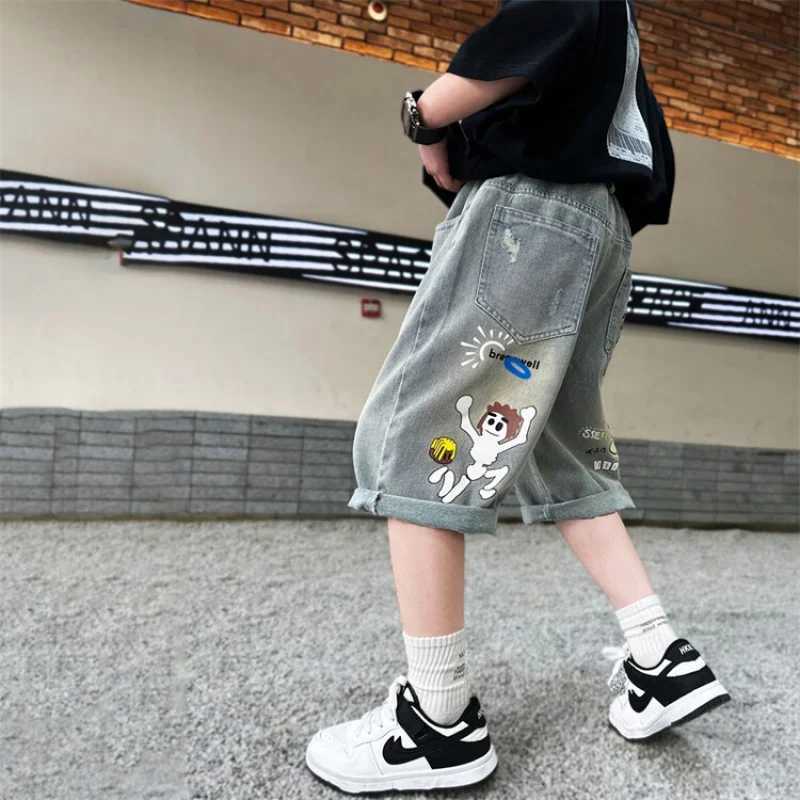 Childrens boys jeans summer Korean cartoon print boys shorts casual loose denim Trouser childrens clothing bottom W240813