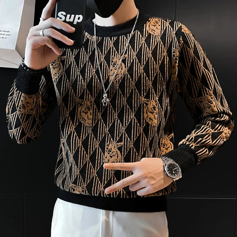 Autumn Sweater For Men Knitted Round Neck Sweater Korean Style Fashion Letter Stitching Sweater Mens Pullover Sweater Pull Homme 240821