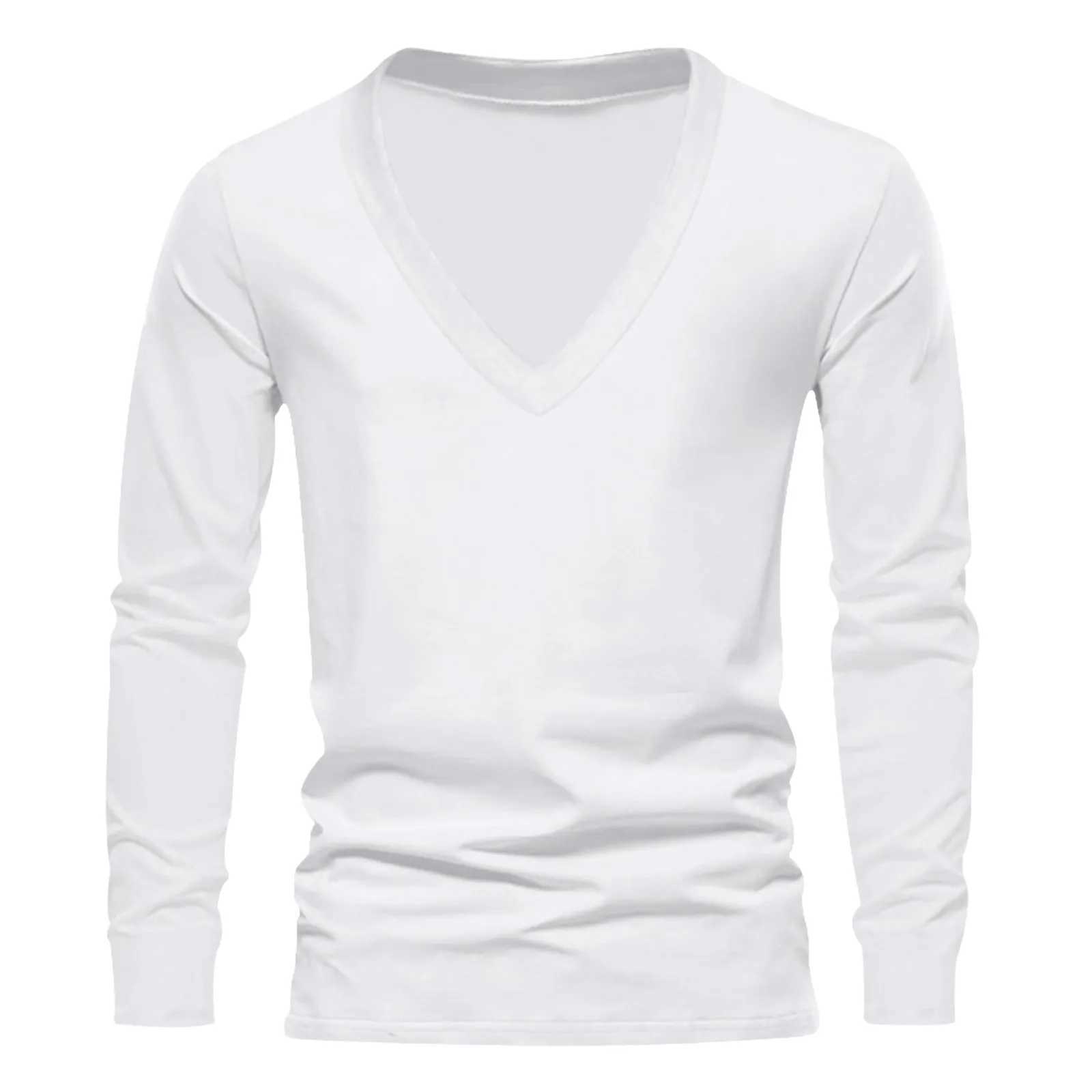 Mens T Shirt Solid Color V Neck Long Sleeve Loose Leisure Men Clothing Streetwear 2024 Fashion Casual bottoming shirts S-3XLM240814