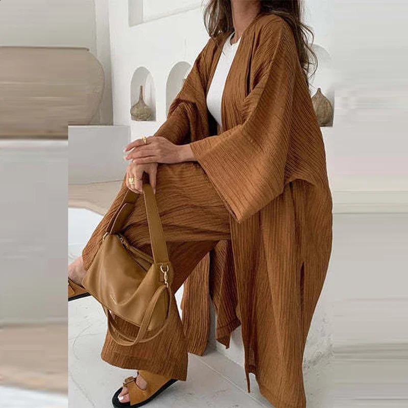 Elegant Female Loose Solid Color Outfits Womens Autumn Suits Lady Pleated Texture TopStraight Casual Pants Two-Piece Sets 240813