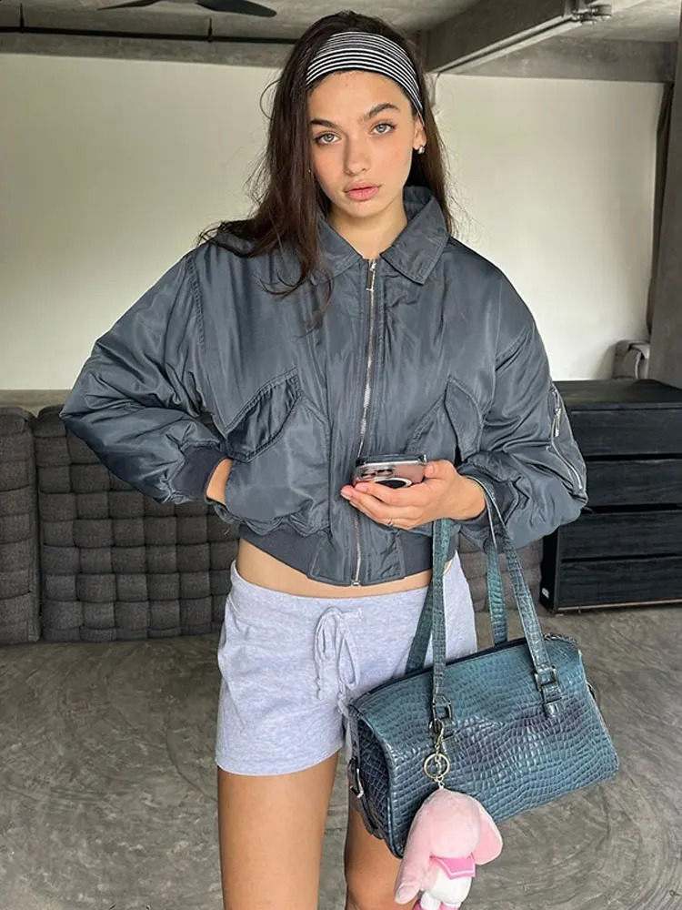 Women Zipper Lapel Short Bomber Jacket With Pockets Loose Long Sleeve Cropped Coat Autumn Female High Street Outerwear 240813